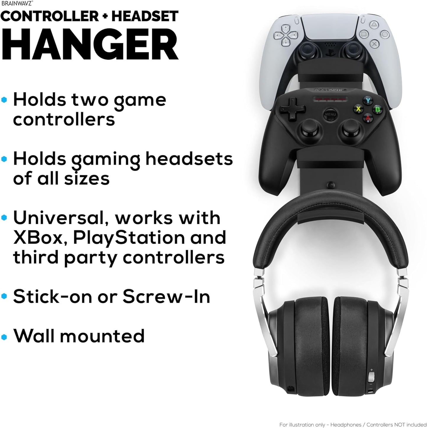 BRAINWAVZ The Behemoth - Dual Game Controller & Headphone Stand Wall Mount Holder - Designed for All Gamepads & Headsets