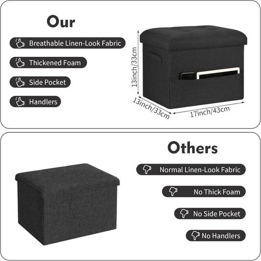 Storage Ottoman Foot Rest with Thicker Foam Padded Seat. Small Bench with Storage. 350 lbs Linen Folding Footstool Bench for Living Room, Bedroom, Home Office. 17x13x13in, Gray Black