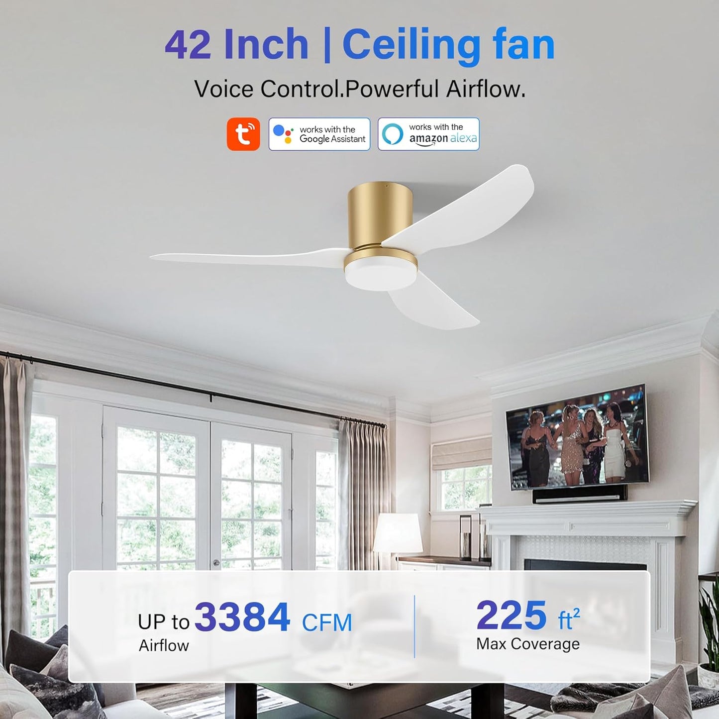 42 Inch Smart Ceiling Fans with Lights and Remote,Low Profile Ceiling Fan Voice Control via WIFI Alexa App,Modern Flush Mount Ceiling Fans,White and Gold Fan for Bedroom,Patio,Porch,Outdoor Indoor Use