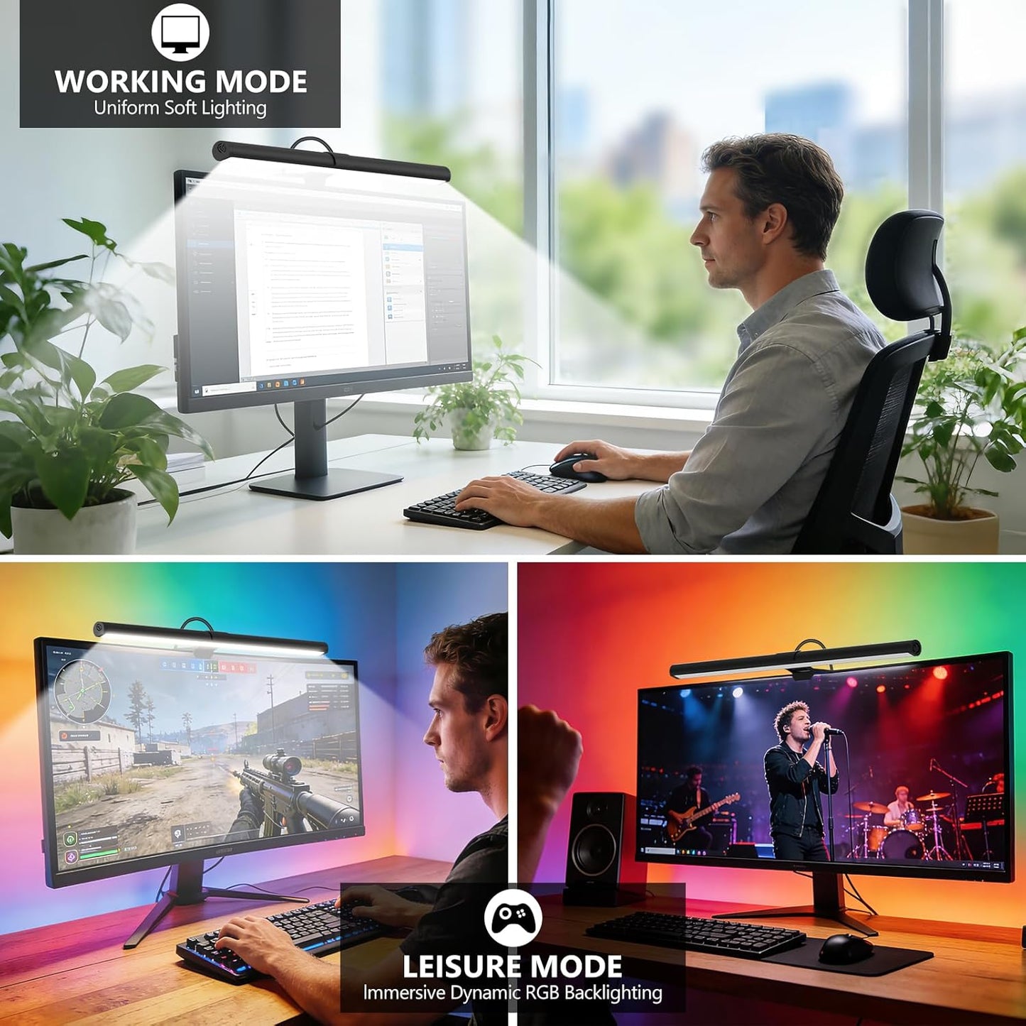 RGB Monitor Light Bar, Eye-Care Dual Light Reading Screen Lamp, 9 Modes Gaming Backlight LED Computer Lamp, 3 Colors Dimmable Frontlight, 15.75'' USB Desk Lights for Home, Office
