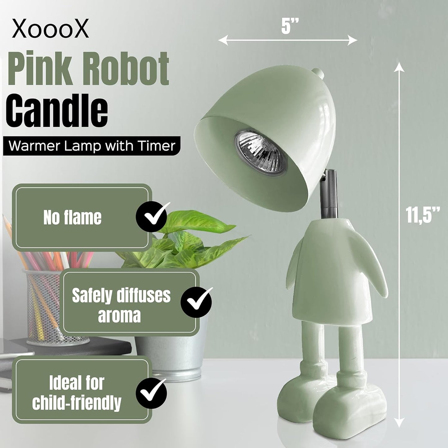 XoooX Green Robot Candle Warmer Lamp with Timer - Adult, Kids and Boys Office Desk and Bedroom Decor Lamp; Gaming Room Decor Aesthetic; Fun Man Cave Cool Stuff; Robot Scented Candle Melter Diffuser