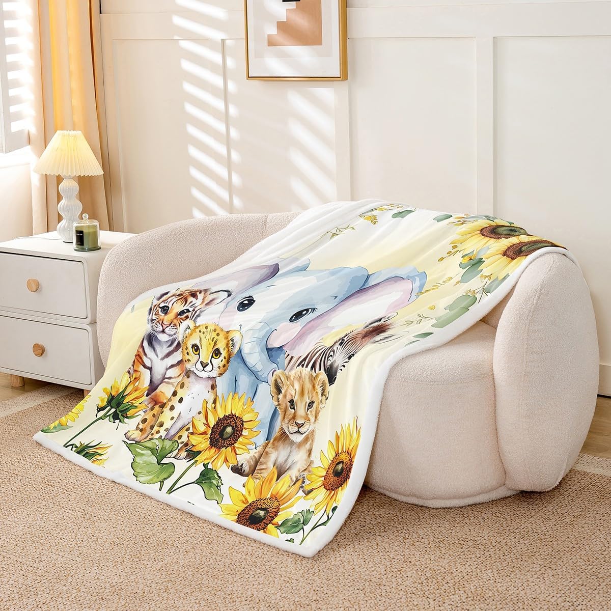 Erosebridal Kids Animal Print Blanket Throw 50"x60",Elephant Tiger Lion Leopard Blankets and Throws Bedroom Decor,Jungle Safari Sherpa Blanket Farmhouse Sunflower Floral Fleece Blanket for Bed Couch
