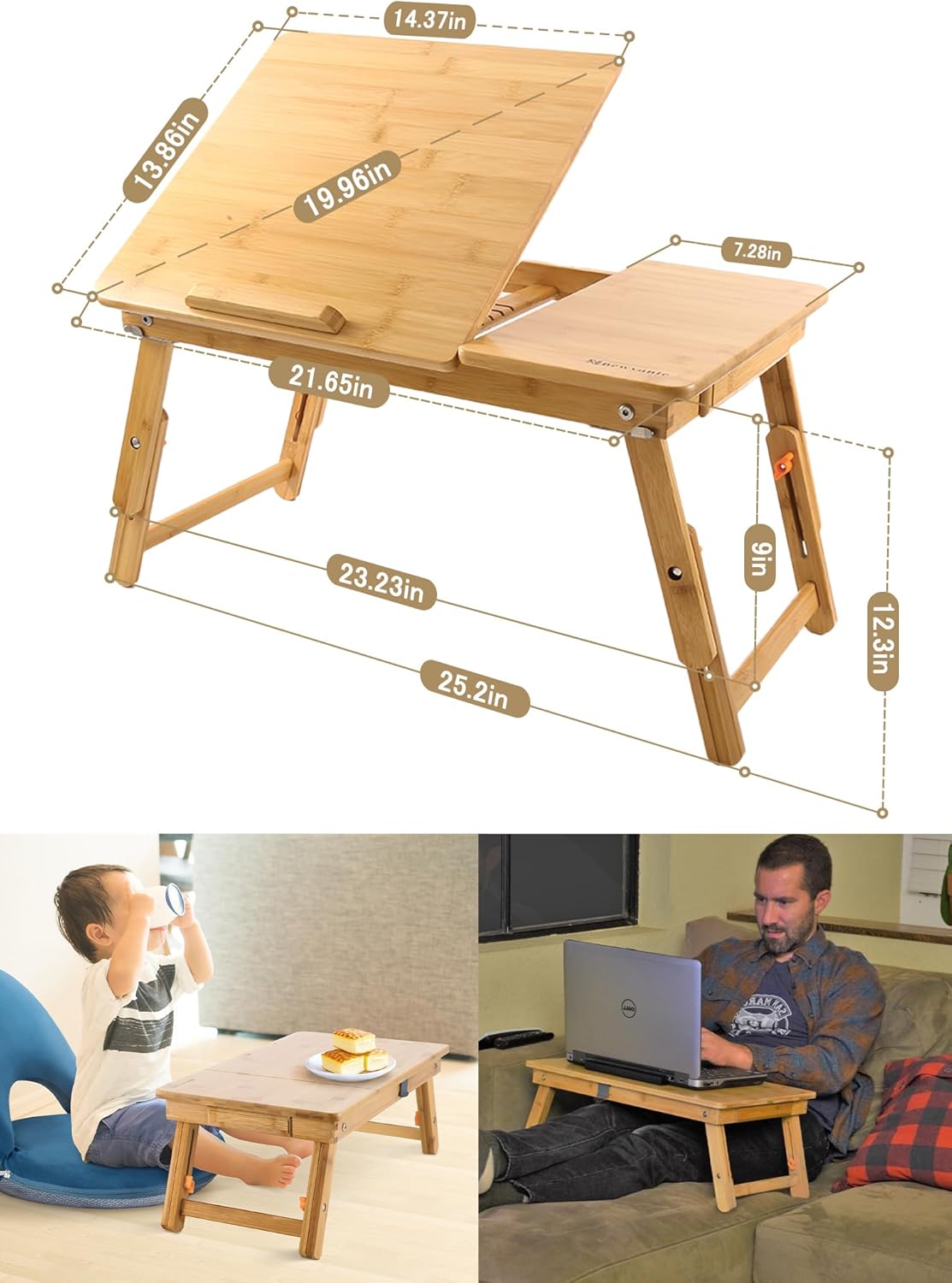 Laptop Desk Nnewvante Table Adjustable Bamboo Foldable Breakfast Serving Bed Tray w' Tilting Top Drawer
