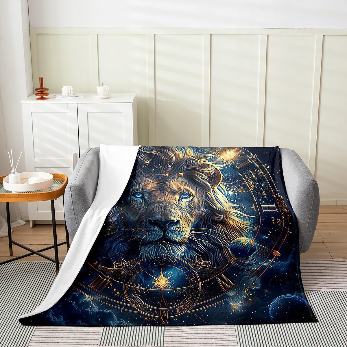 Lion Flannel Blanket Boys Girls,Leo Constellations Astrology Zodiac Golden Glitter Fuzzy Blanket All Season Bed Blanket,Wild Animal Starry Blue Galaxy Plush Blanket,Throw 50 x 60 Inches