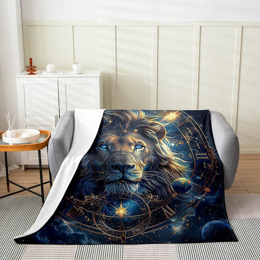 Lion Flannel Blanket Boys Girls,Leo Constellations Astrology Zodiac Golden Glitter Fuzzy Blanket All Season Bed Blanket,Wild Animal Starry Blue Galaxy Plush Blanket,Throw 50 x 60 Inches