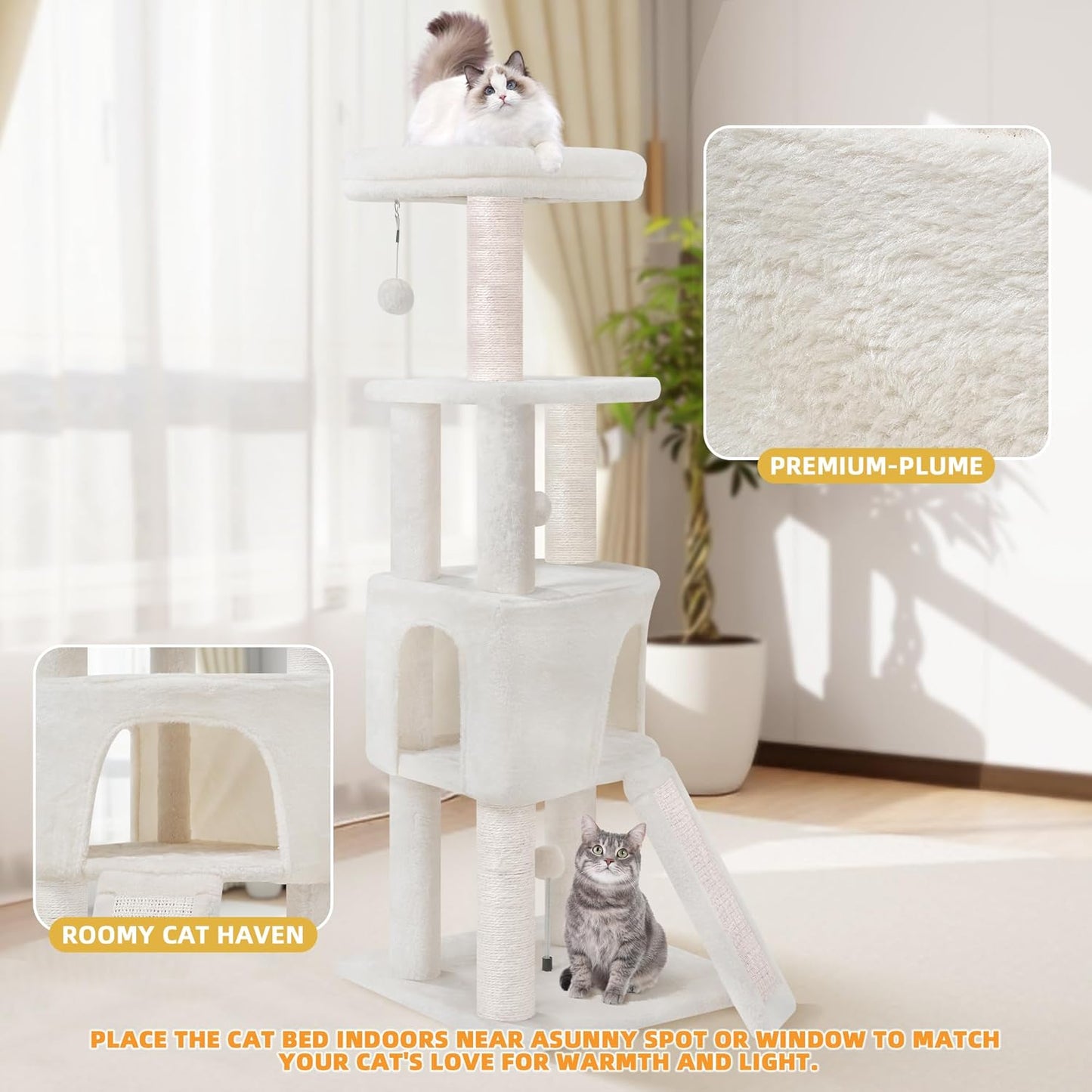 45in Cat Tree Tower with Big Condo for Indoor Kitten,Cat Tower with Scratching Post,Scratching Board and Cat Toys,Multi-Level,Small Space,Transformer Cat Tree, Beige(New)