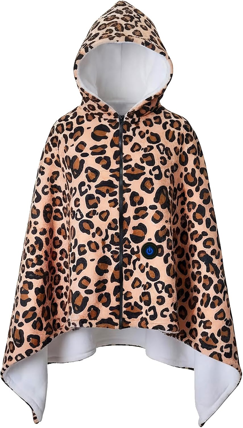 USB Heated Blanket Type-C Heated Hoodie Throw Blanket Electric Shawl Leopard Print 1 Heating Level Wearable Soft Heating Shawl for Neck & Shoulder, Winter Gifts for Women Travel,Camping,Bed
