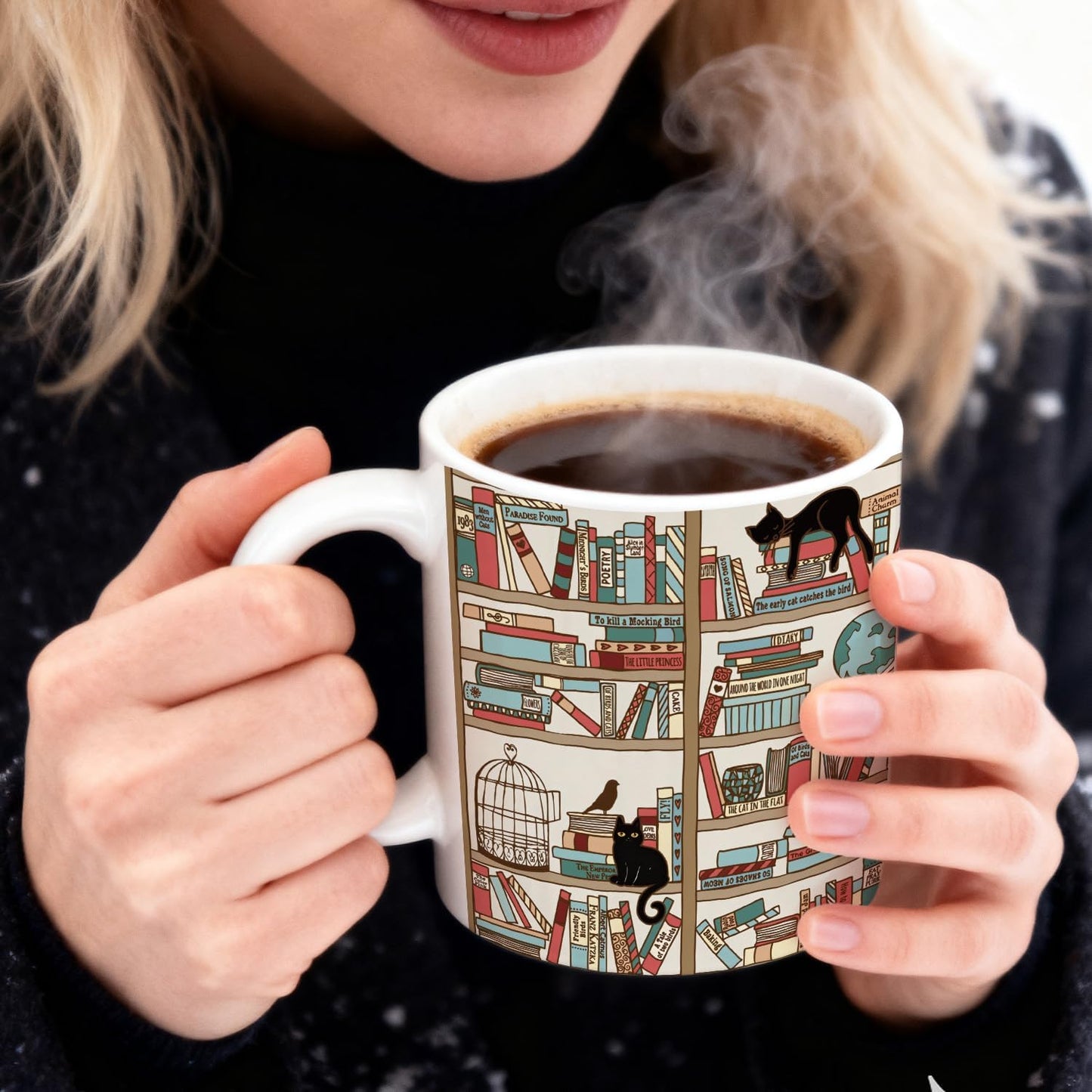 Cat Book Coffee Mug Gifts for Book Lovers Readers, Library Bookshelf Cup for Librarian Bibliophile, Bookworm Club Gifts for Friends - Reading Writer Women Black Coffee Cup 11oz