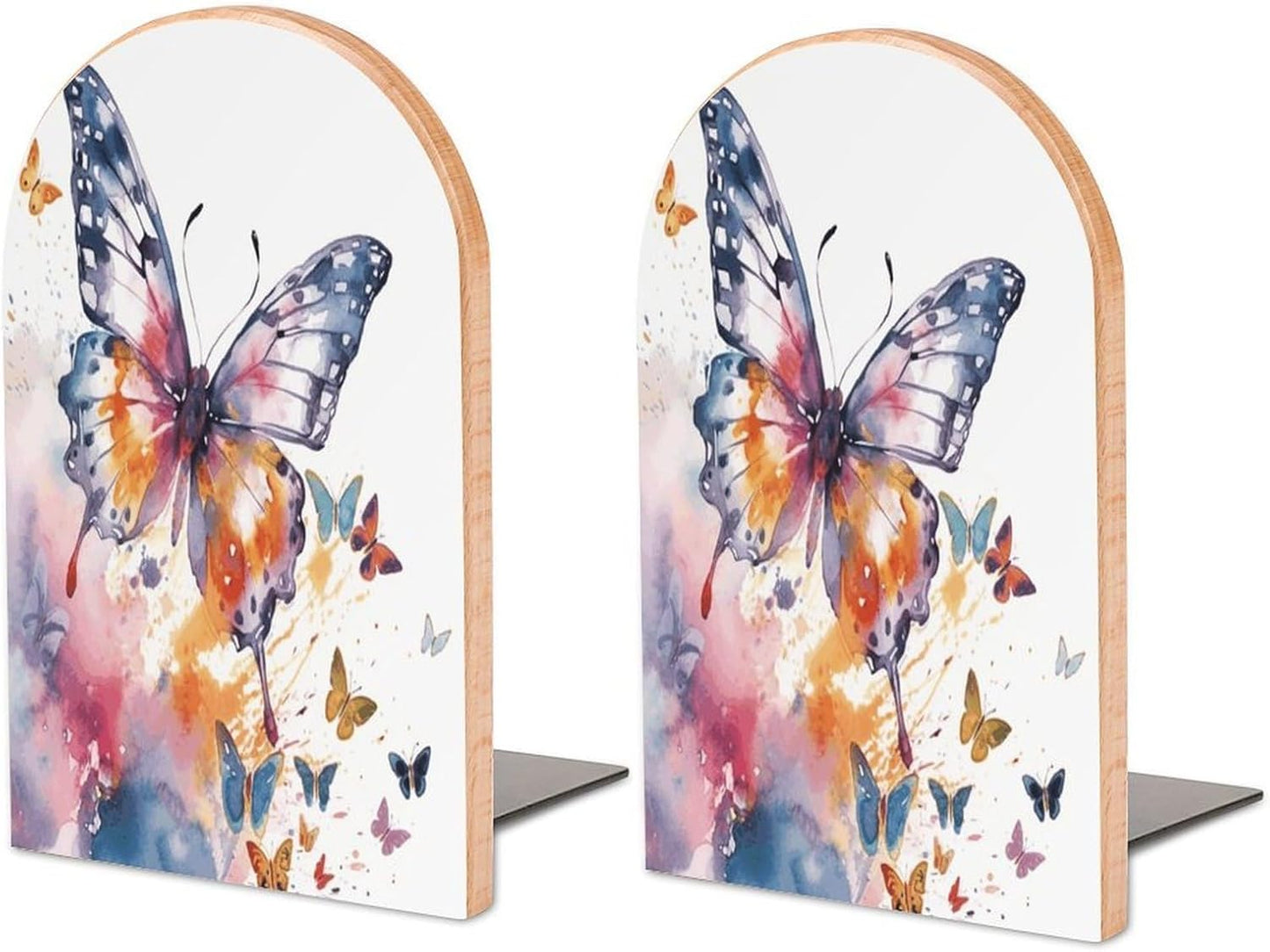Watercolor Butterfly Bookend for Shelves Wooden Book End Large Size Sturdy Book Holders Stoppers with Metal Base for Bookshelves Slick Decorative Bookends Stands