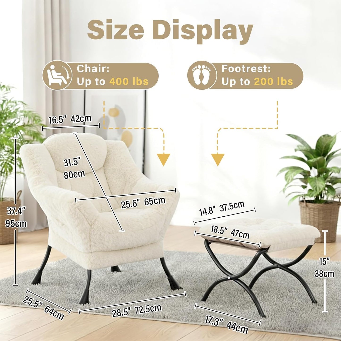 Lazy Chair and Ottoman, Large Plush Beige Contemporary Accent Chair with a Side Pocket, Modern Leisure Upholstered Reading Armchair with Footrest for Office, Bedroom, Living Room, Balcony
