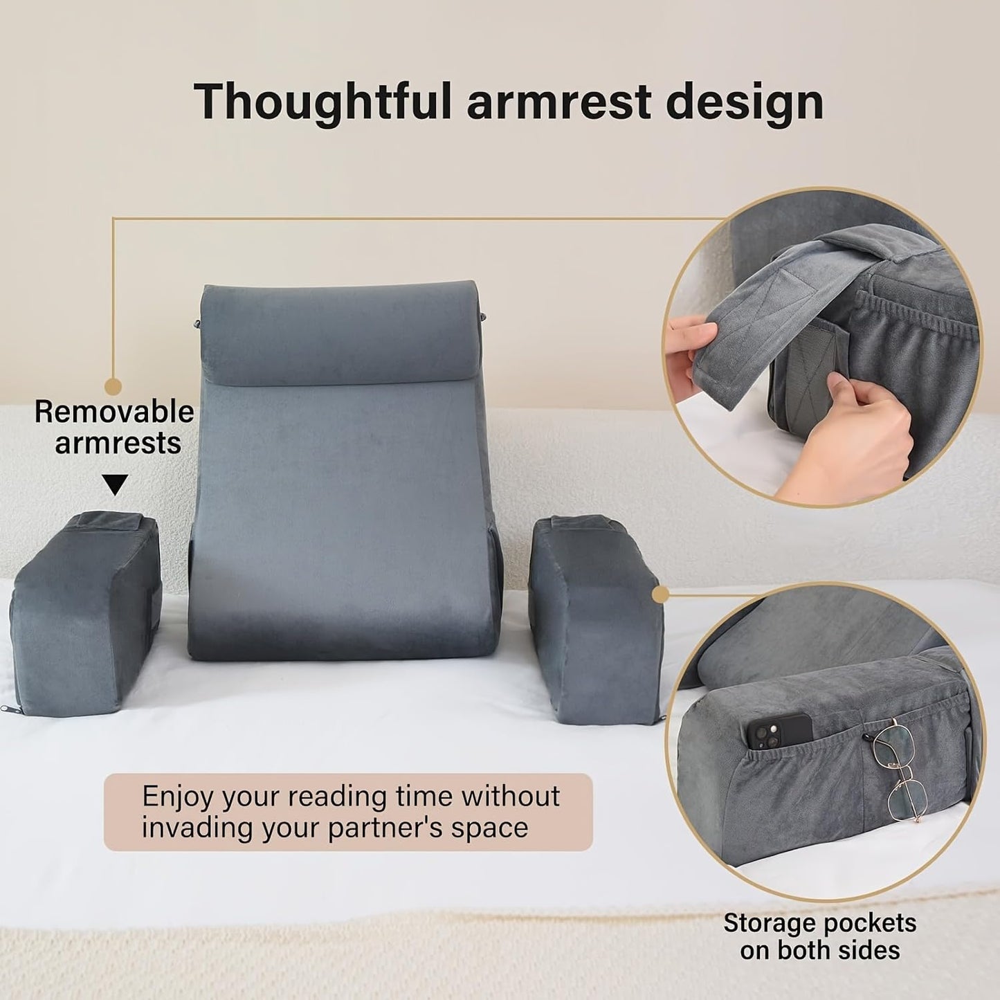 Backrest Pillow with Armrests and Storage Pockets, Gray, Reading Support Cushion with Removable Arms and Neck Roll