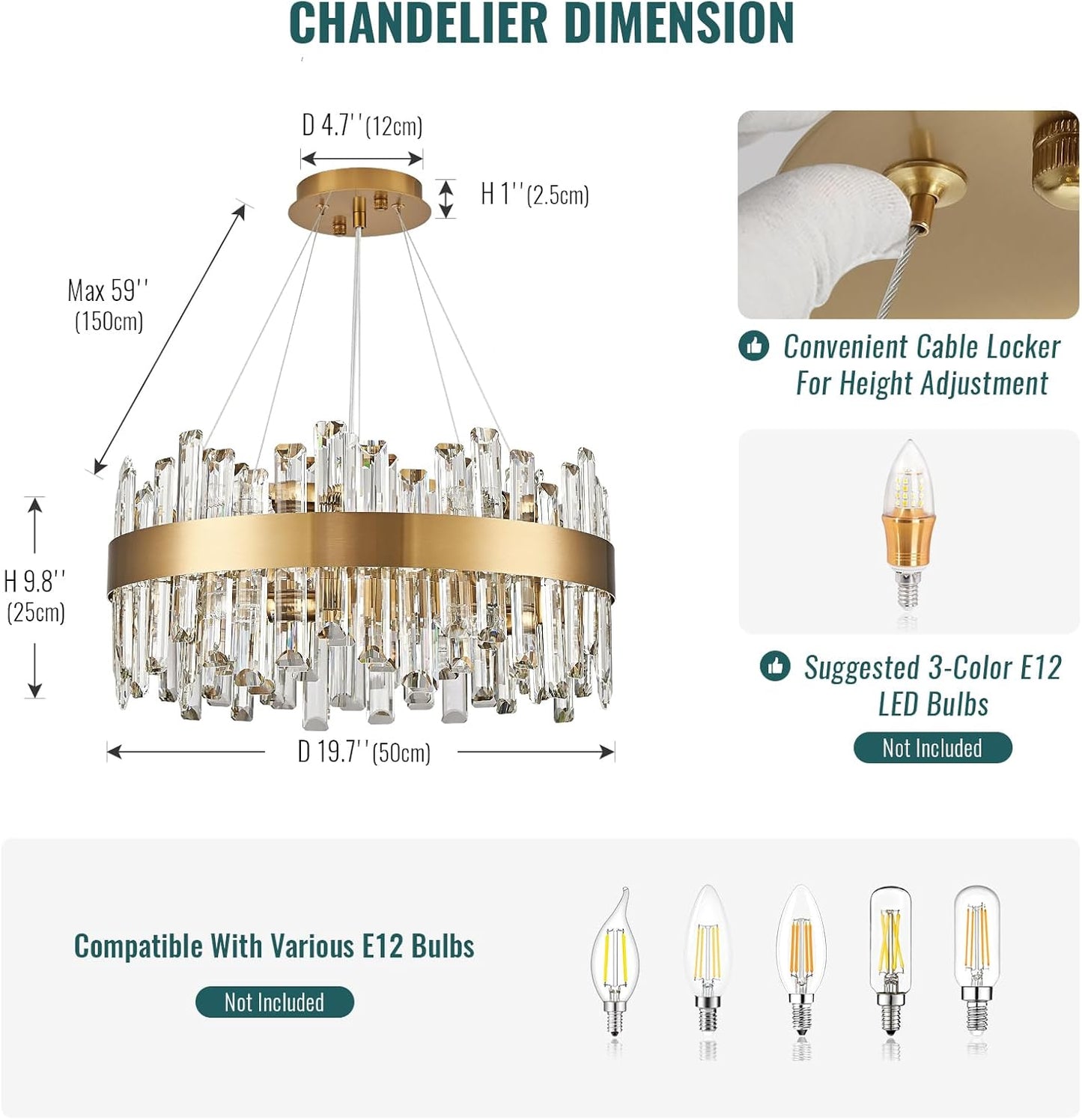 Siljoy Modern Crystal Chandelier, 12-Light Dimmable Brass Gold K9 Crystal Raindrop Chandelier, Luxury Adjustable Crystal Pendant Ceiling Light for Living Dining Room Kitchen Island Entry Foyer D19.7''