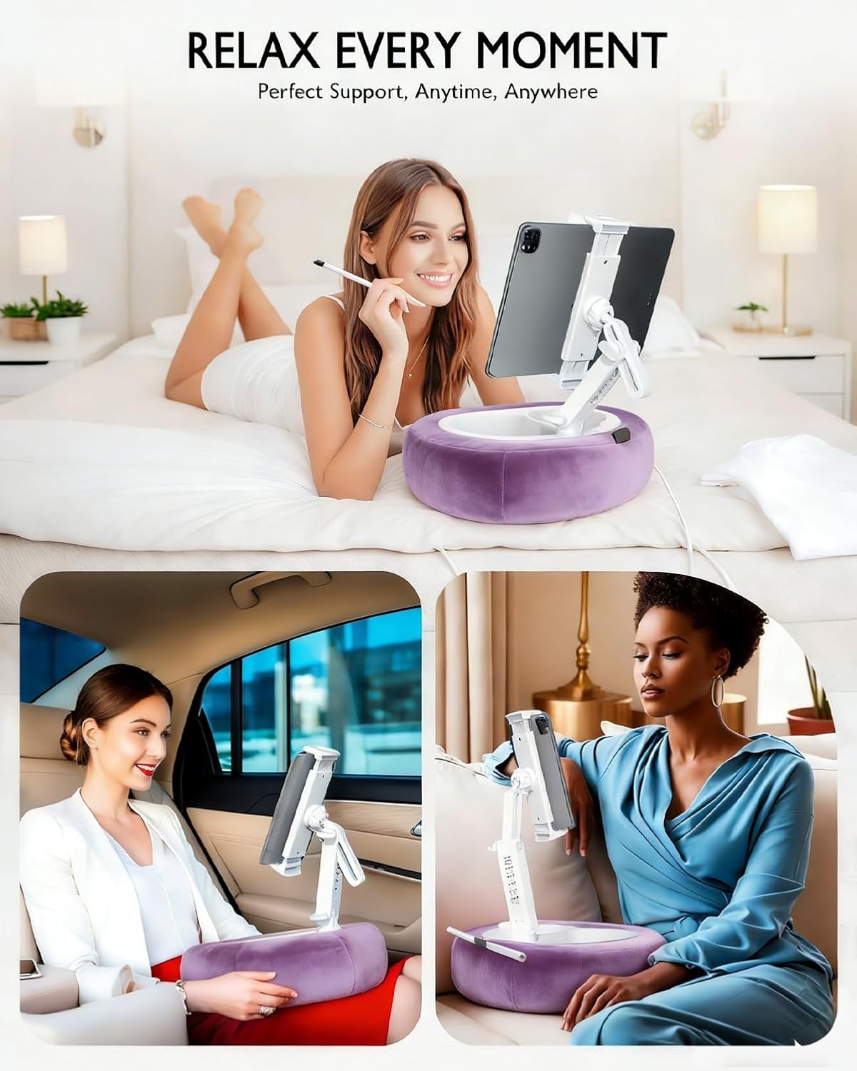 Miledi Tablet Pillow Stand, Compatible with 4.7"-12.9" Kindle, iPad, Phone/Tablet, 360° Rotating Phone Holder for Bed, Detachable Bowl, Reading and Relaxation on Bed (Purple)