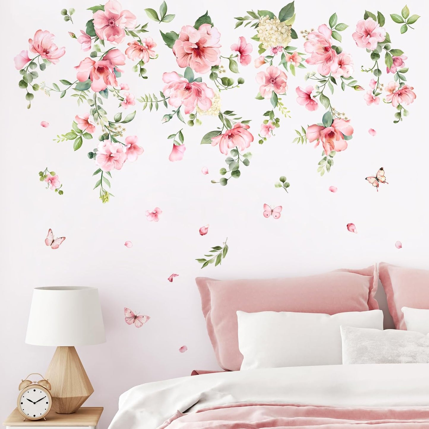 Pink Flower Wall Stickers, Spring Garden Floral Wall Decals 10 Sheets DIY Peel and Stick Wall Decal Self Adhesive Wall Art Decor for Bedroom Sofa Backdrop Cabinets Drawers