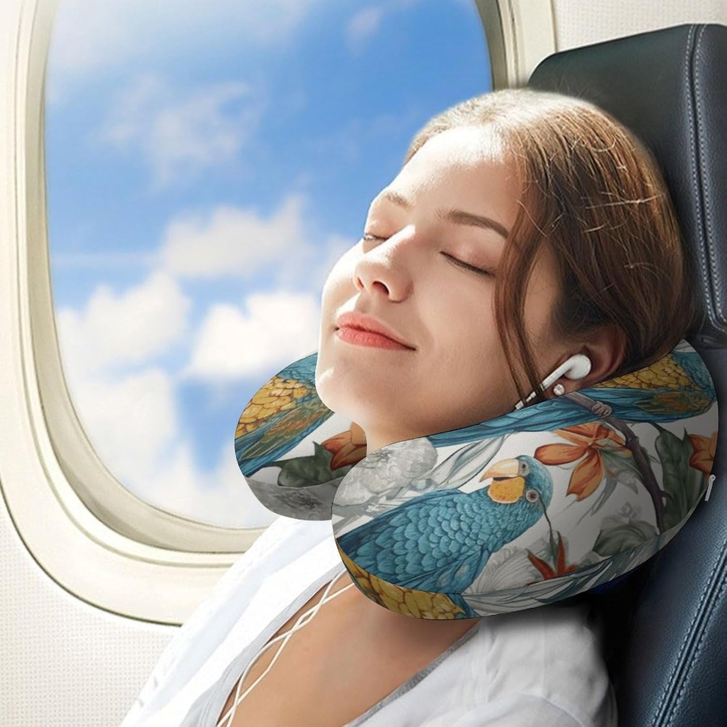 Parrots on Branches Neck Pillow Memory Foam U Shaped Pillows Portable Pillows for Shoulder Travel Head Support Pillow with Concealed Zipper for Airplane Car Home Office