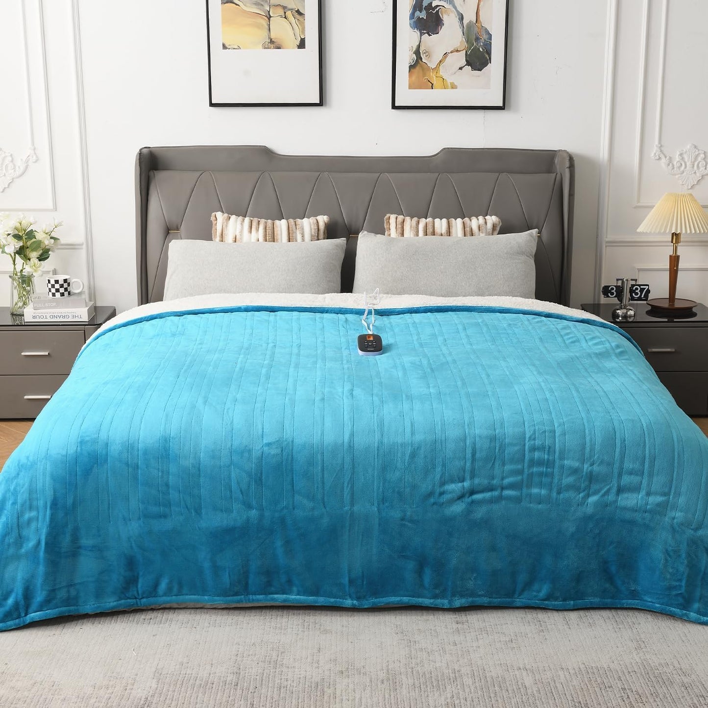 WOOMER Electric Blanket Full Size 77" x 84", Heated Blanket with 0.5-12 Hours Timer & 10 Heating Levels, ETL Certified, Teal Velvet & White Sherpa, Over-Heat Protect, Machine Washable