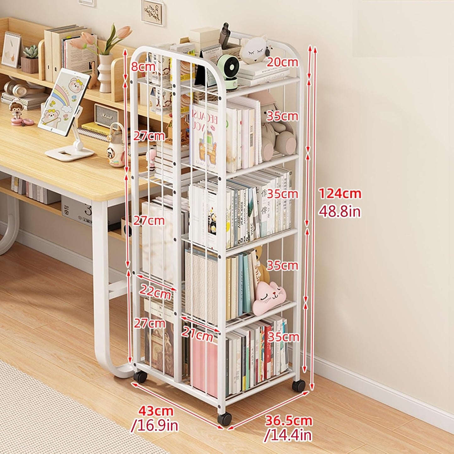 SEIFE Open Floor-to-Ceiling Invisible Bookshelf，Movable Creative Iron Storage Rack，Metal Tall Narrow Ladder Bookshelf,Tall Metal Bookcase Bookshelf with Wheels(White,124cm/48.8in)