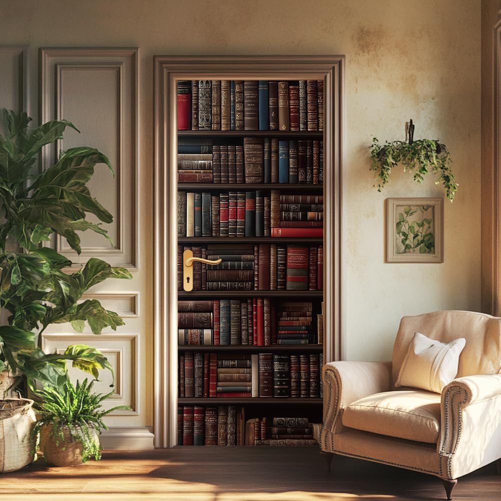 2Pcs Vintage Bookshelf Door Sticker Decals Books Removable PVC Door Decals Brown Wood Self-Adhesive Doors Wallpaper for Bedroom Library Cafes Doors 79 * 31in/200 * 80cm