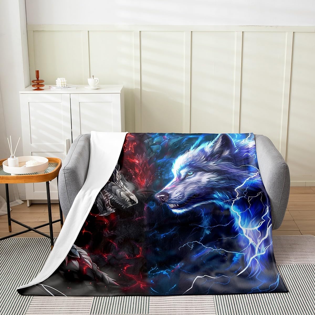 Dragon Wolf Fuzzy Blanket Fire Lightning Flannel Fleece Throw Blanket for Sofa Couch Cool Wild Animal Ultra Soft Bed Blanket Black Blue Red Blanket 90"x90"