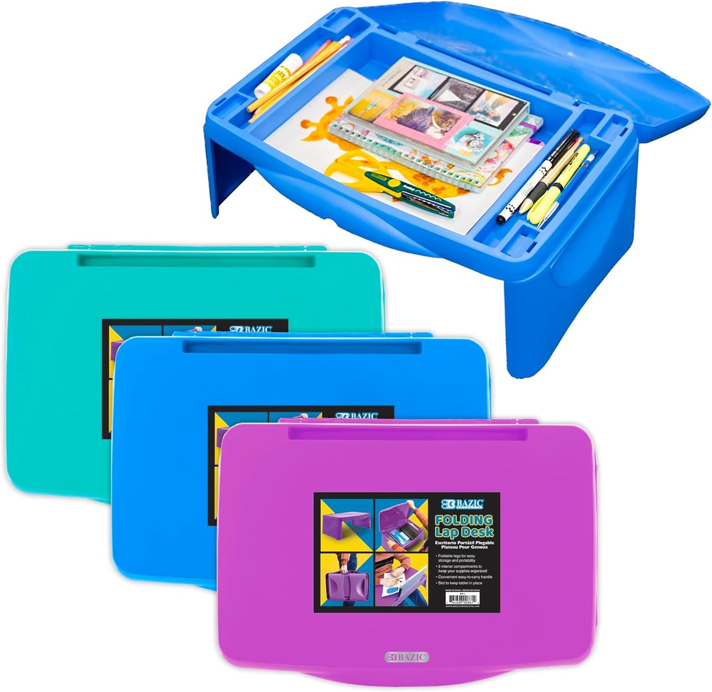 BAZIC Products Folding Lap Desk with Storage, Foldable Desk Collapsible Lap Table Laptop Tray, Portable Plastic Lapdesk for Drawing Writing Studying Eating, Assorted Colors, 3-Pack
