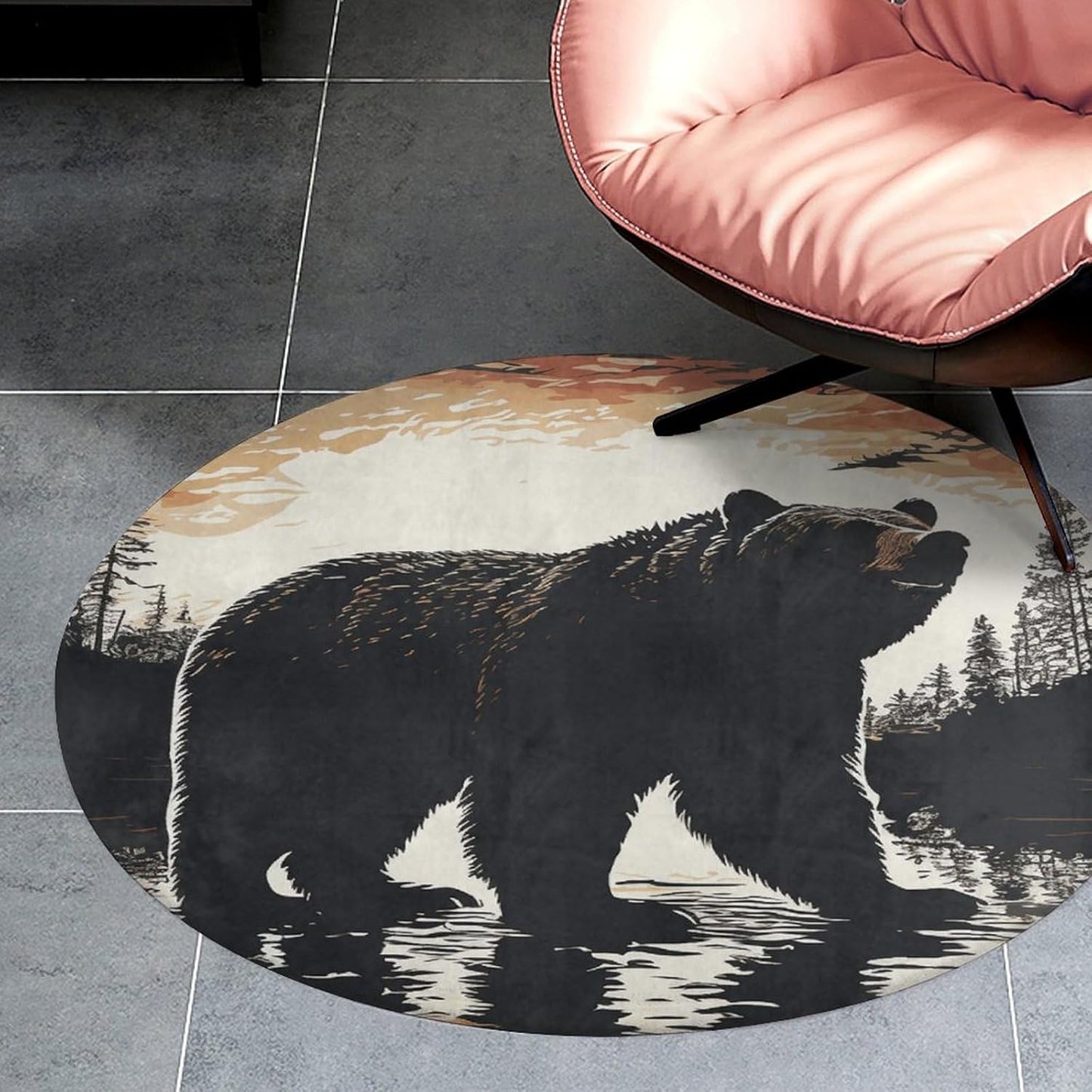 Bear Silhouette Circle Rug Retro Luxury Coral Velvet Floor Mat Non Slip Soft Indoor Floor Carpet Comfy Thickened Area Rugs Modern Aesthetic Minimalist Carpets for Home Decor