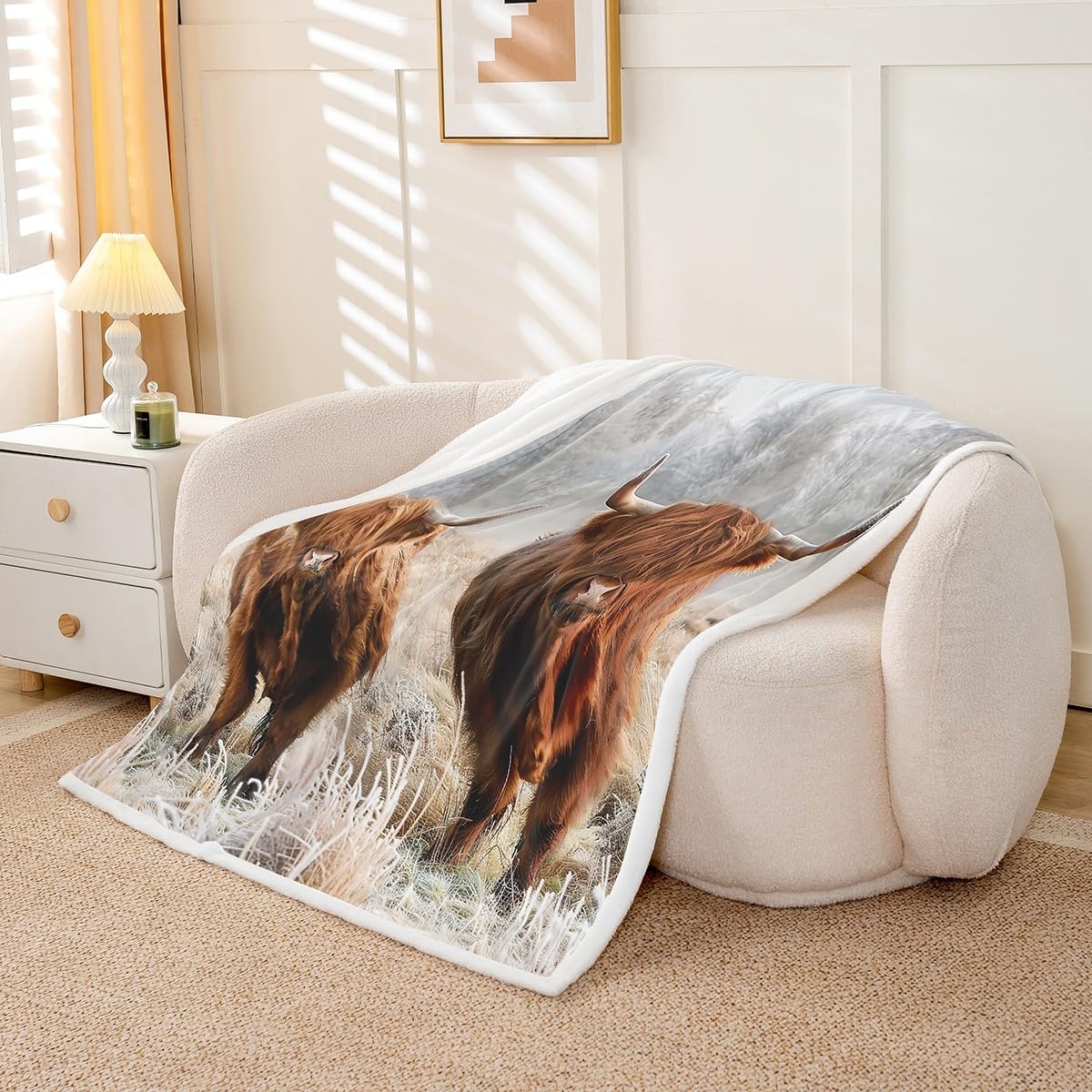 Highland Cattle Pattern Throw Blanket Highland Cow Blanket for Kids Boys Girls Farmhouse Cow Landscape Blanket for Chair Office Room,Throw (50 x 60 Inches)