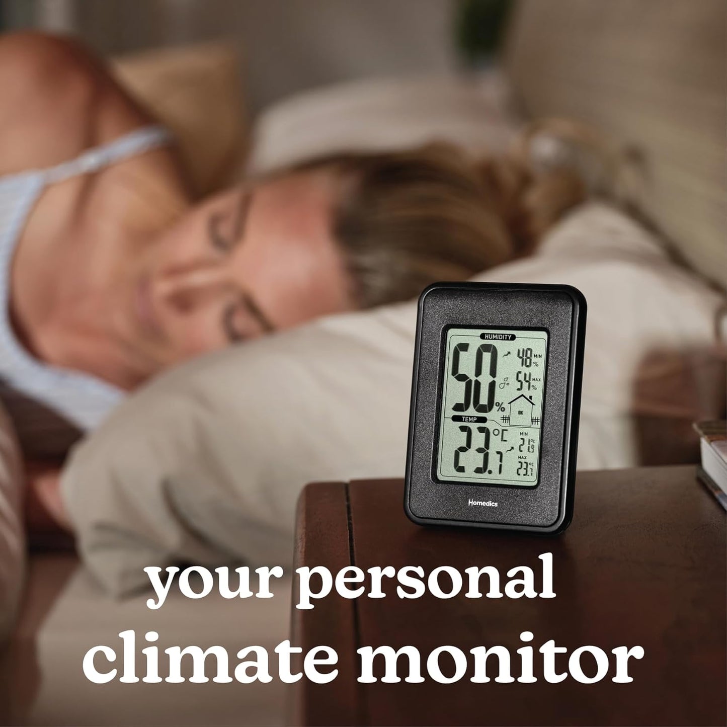 Homedics HM100 Indoor Humidity Monitor, Easy-Read Hygrometer to Monitor Indoor Air Comfort, Fahrenheit and Celsius, Battery-Operated Room Thermometer for Home