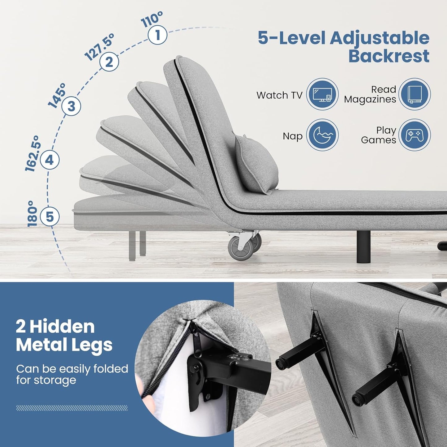 KOMFOTT Convertible Chair, Sleeper Chair with 5-Position Adjustable Backrest & Lumbar Pillow, 2 Hidden Metal Legs & 2 Lockable Casters, Comfy Chaise Lounge for Living Room & Home Office, Grey