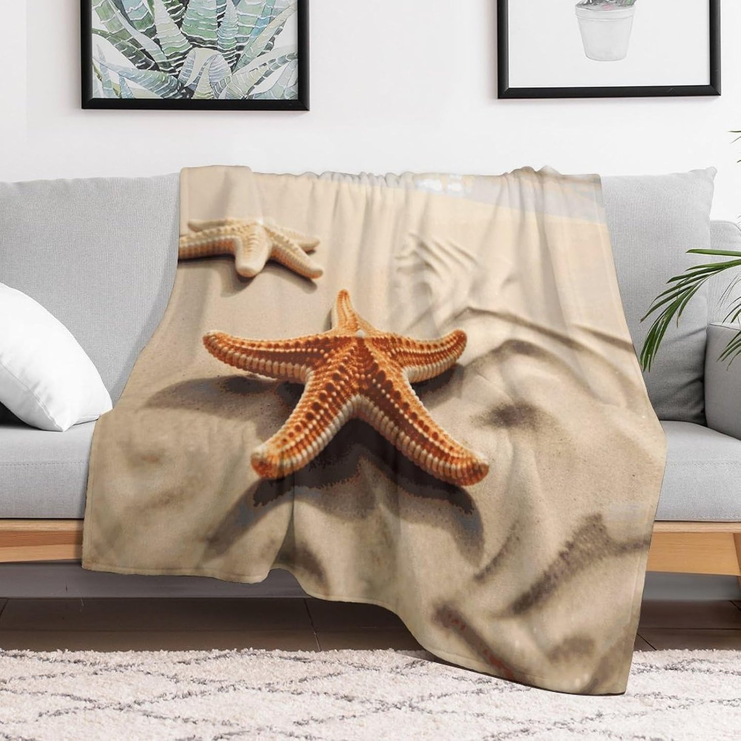 Starfish on The Sand Beach Landscape Blanket Super Soft Lightweight Throw Blanket Cute Cozy Warm Bed Blanket Decorative Fuzzy Blanket All-Season Home Decor Gift for Sofa Couch Living Room 50"*60"（130*