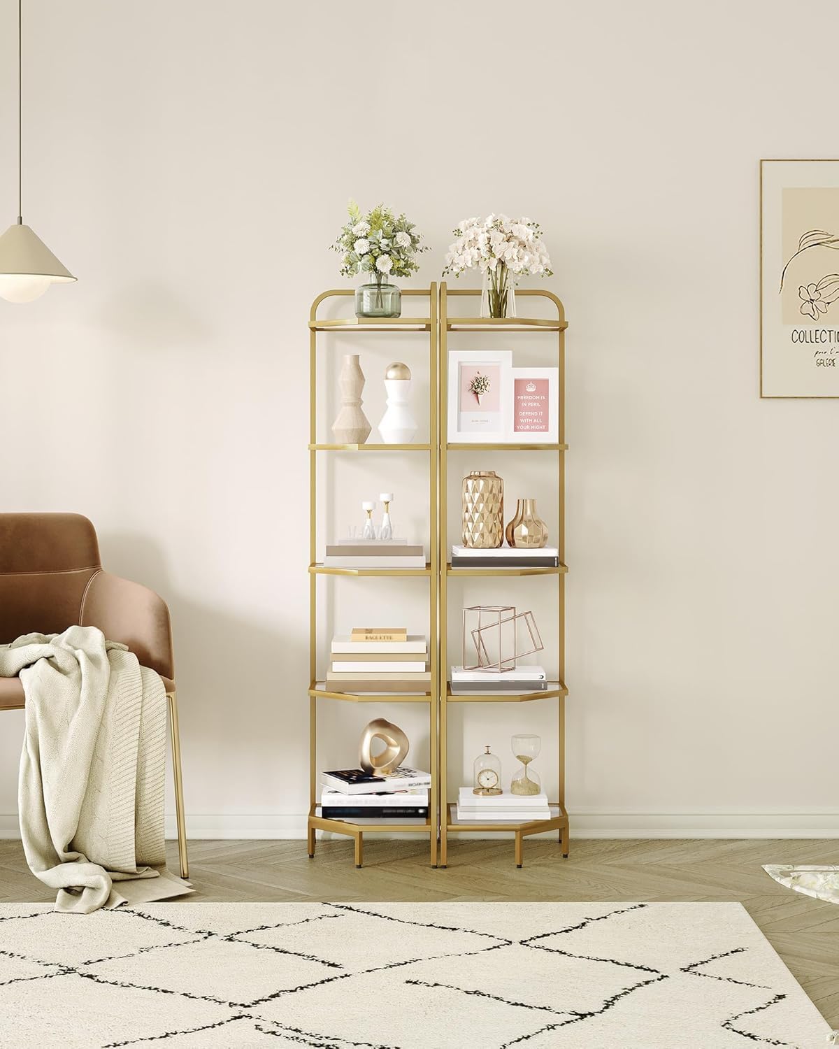 Corner Shelf Stand, 5-Tier Glass Bookshelf Bookcase, Bathroom Organizer, Plant Stand, Steel Frame, Tempered Glass, Modern Style for Living Room, Bathroom, Kitchen, Golden CS90200G