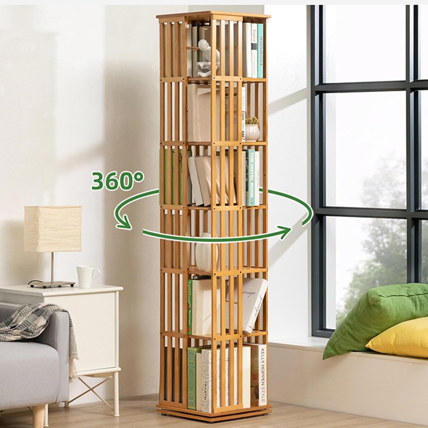 5-Tier Bamboo Bookshelf Organizer - 360° Rotating Floor-Standing Storage Rack for Living Room - Stylish Tower Bookcase Display with Space-Saving Design