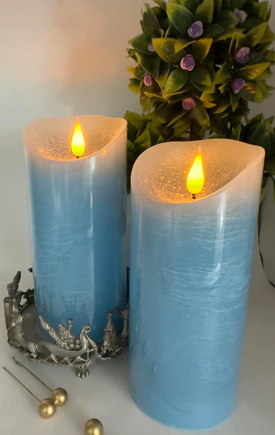 Adoria Blue Flameless Candles Large Set of 2- Real Wax Pillar Candles with Realistic 3D Flame-Ocean Scented-Dia 3.15x 7 Inch,Remote/Timer/Brightness Control,Well for Home Decor. Party, Camping