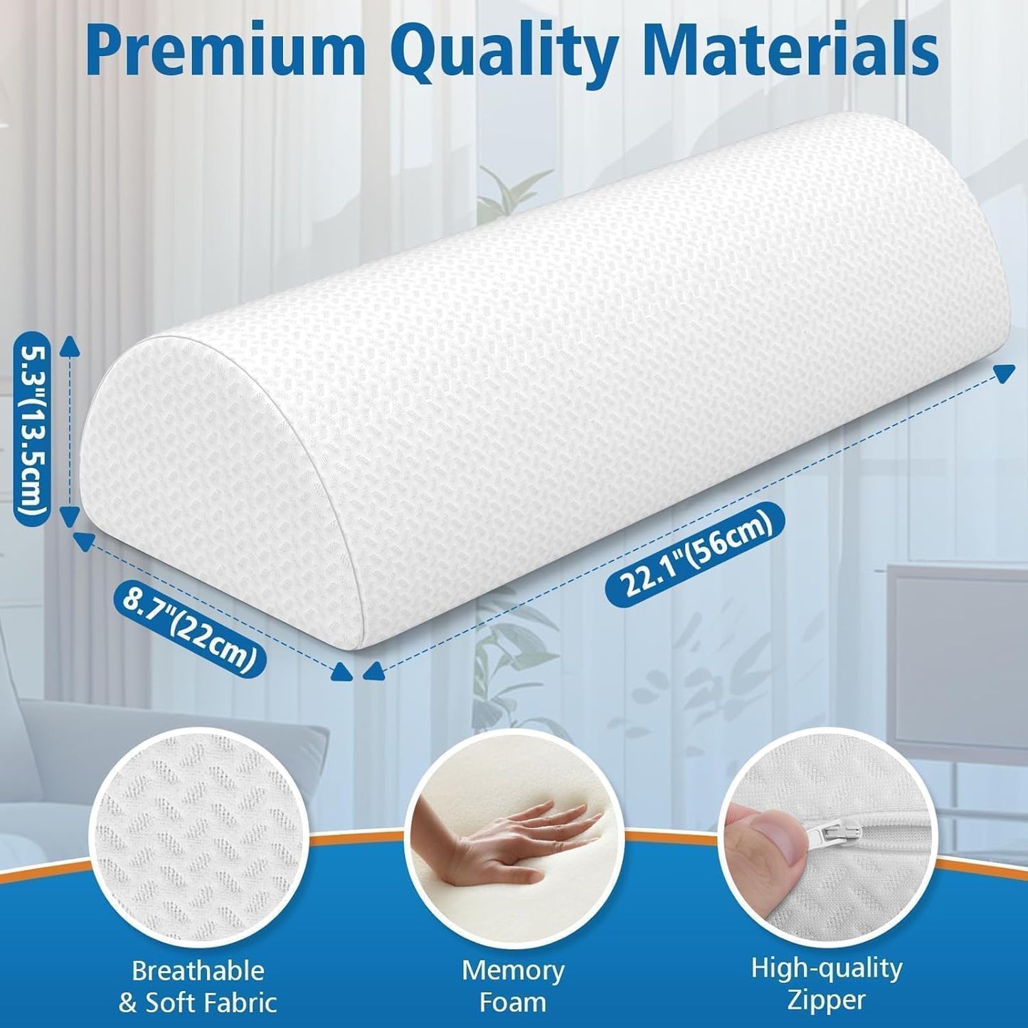 Large Knee Pillow for Side Sleepers, Half Moon Memory Foam Bolster Pillow for Legs, Ergonomic Design Wedge Elevation Pillow for Side & Back Sleeping, Under Knee Support, Foot, Ankle, Lumbar, White