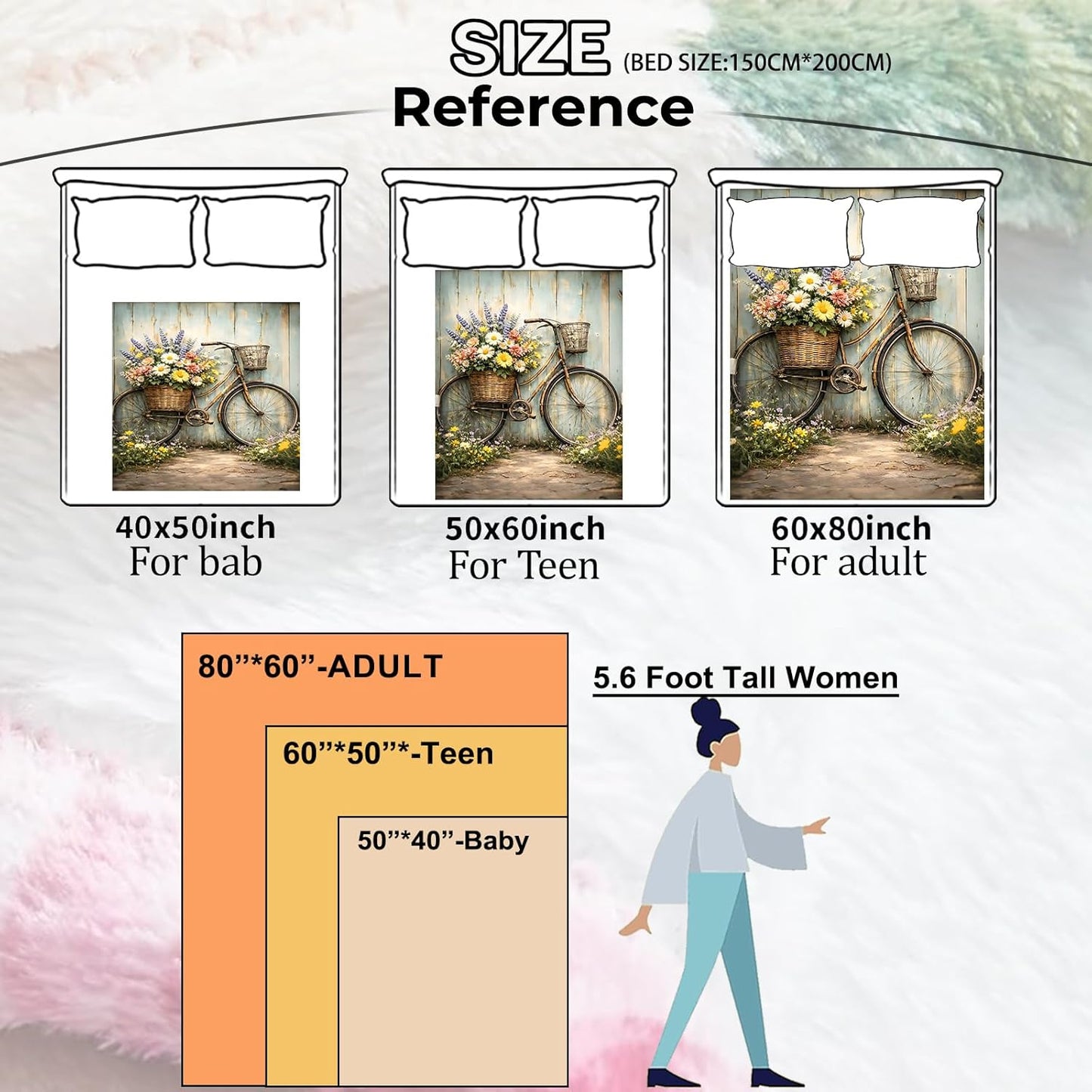 Vintage Bicycle Flower Blanket, Floral Bicycle Illustration Art Design Lightweight Flannel Throw 50×60 for Couch Sofa Bed, Cozy Home Decor and Gifts for Garden Lovers Nature-Inspired Spaces