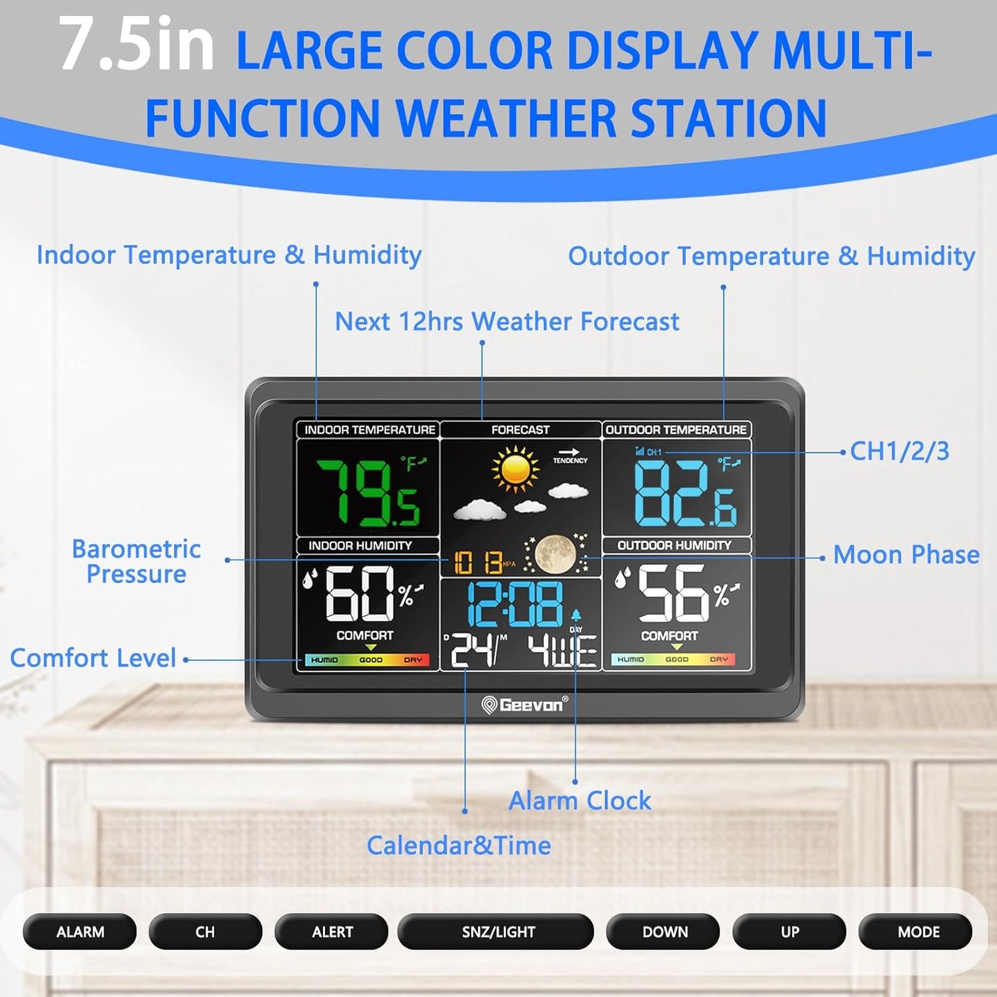 Geevon Weather Stations Wireless Indoor Outdoor Thermometer, Color VA Display Digital Weather Thermometer, Temperature Humidity Monitor with Barometer, Calendar, and Adjustable Backlight