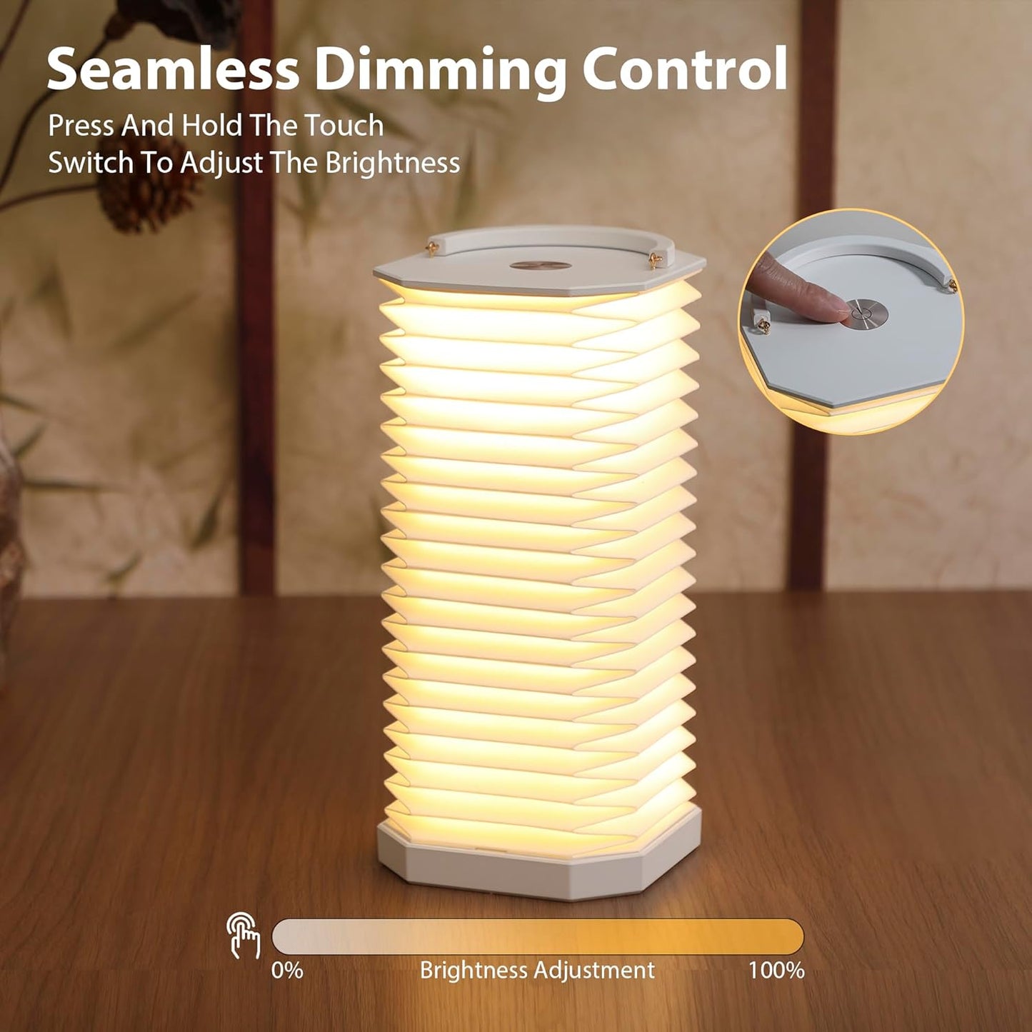 Portable Paper Lamp,White Accordion Desk Lamp,Japanese Lanterns lamp for Home Decoration and Gift,Dimmable Bedside Lamp,1200mAh USB Powered Night Light for Bedroom,Office,Reading （White