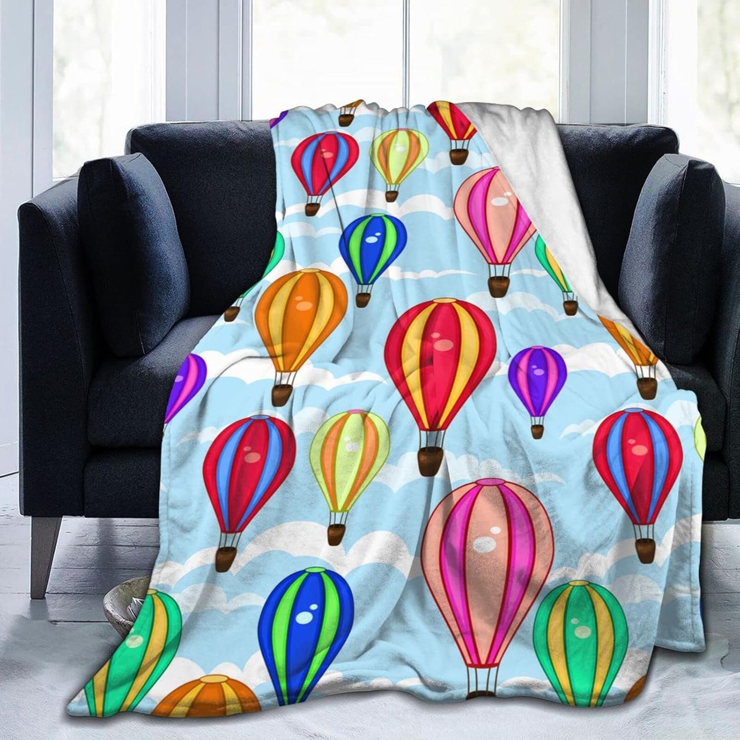 Hot Air Balloon Blanket 50x60 Inches - Flannel Fleece Throw Blankets for Adults - Soft Cartoon Cloud & Balloon Design - Cozy Lightweight Blanket for Couch, Office & Reading Nook - Home Decor Gift