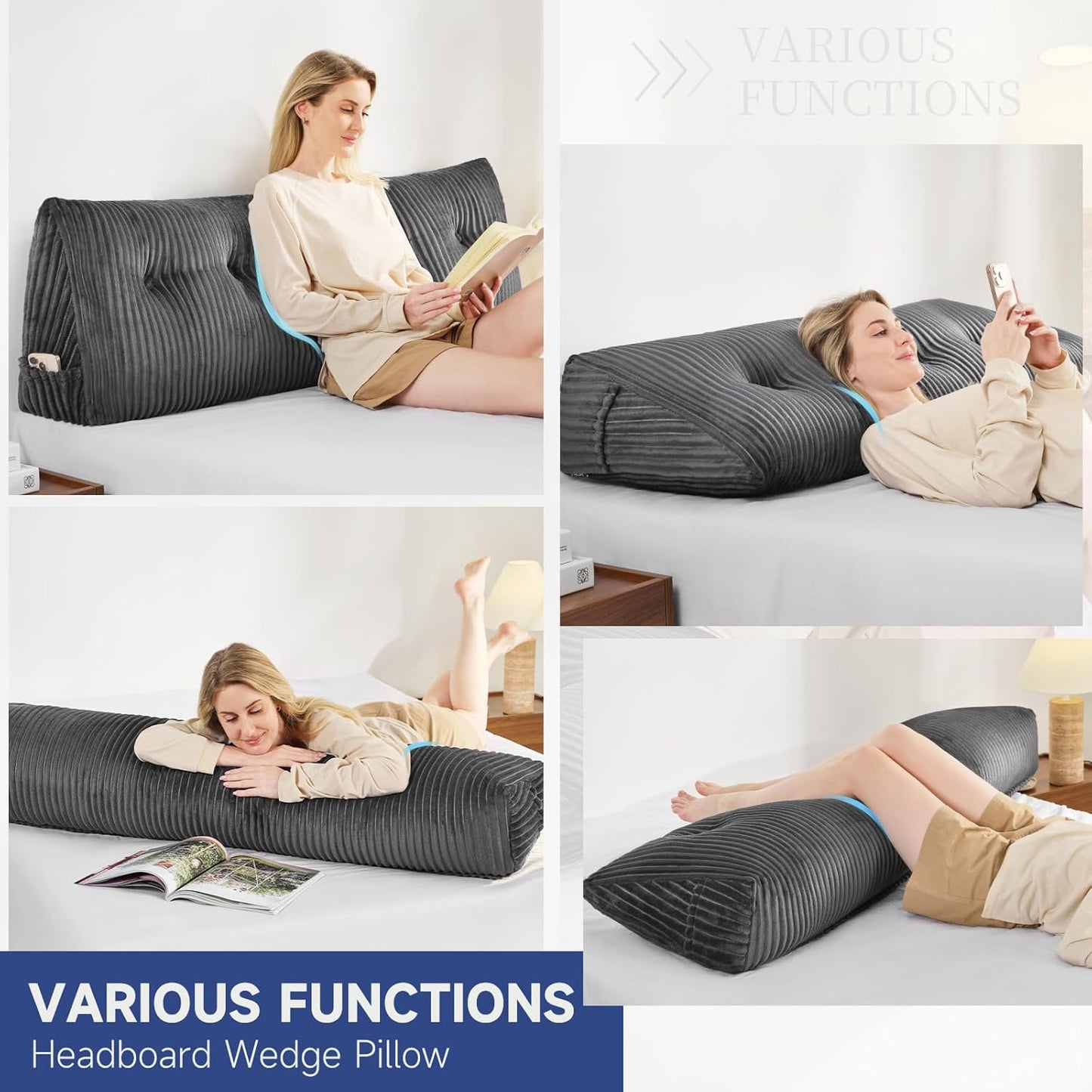 Z-hom King Headboard Pillow, Triangular Wedge Reading Pillow for Bed or Sofa, Ergonomic Backrest Cushion for Sitting Up, Reading or Relaxing, with Side Pocket，Removable Washable Cover,Grey