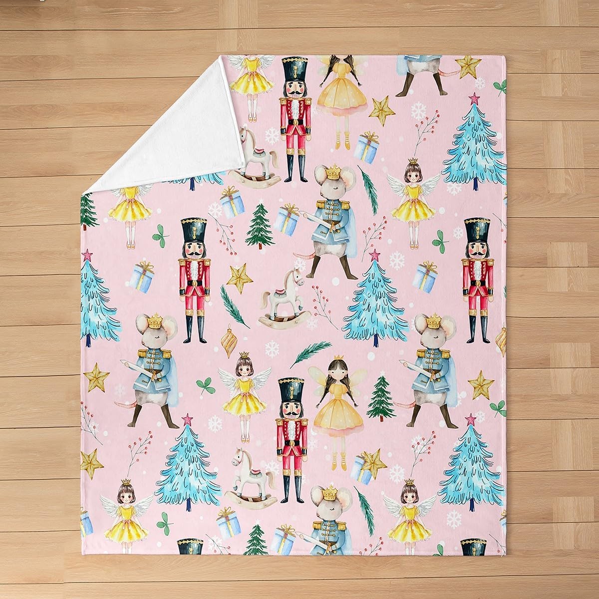 Erosebridal Pink Christmas Flannel Blanket Queen 90x90 Kids Christmas Nutcracker Fleece Blanket Dreamy Ballet Girl Princess Fuzzy Plush Throw Carousel Xmas Tree Decor Xmas Reversible