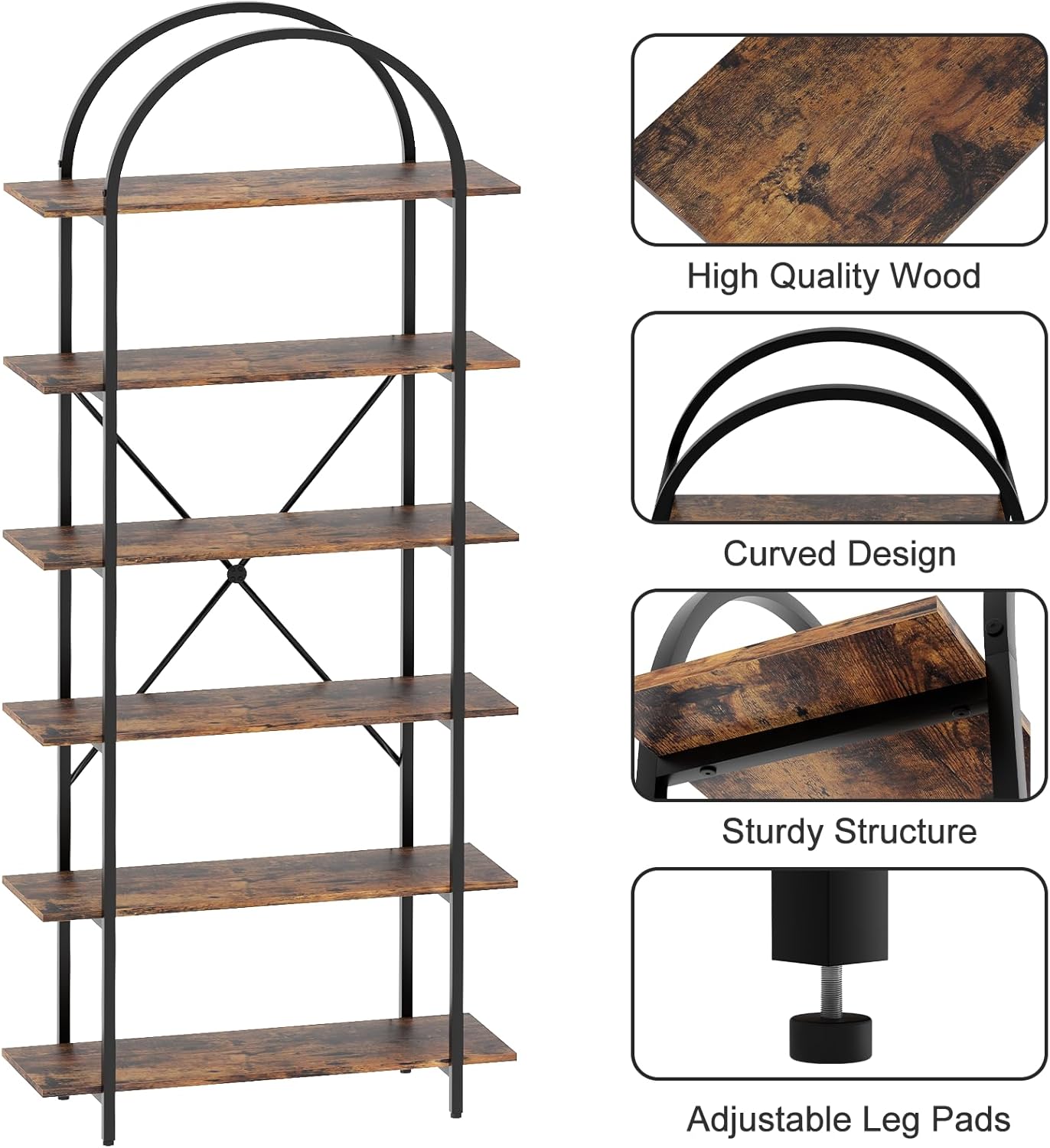 6 Tier Bookshelf, 83" Tall Arched Bookcase, Tall Book Shelf with Metal Frame, Industrial Display Standing Shelf for Living Room, Home Office, Bedroom, Brown