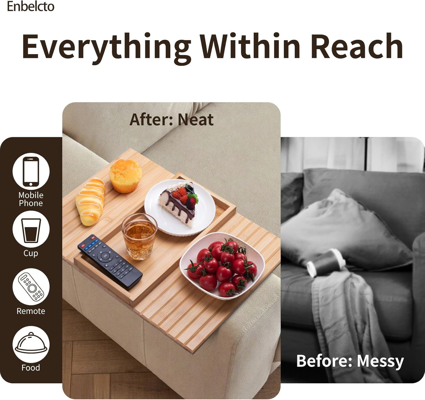 Bamboo Sofa Arm Tray Foldable Couch Arm Tray Anti-Slip Armrest Cup Holder For Couch For Drinks Snacks Phone Remote