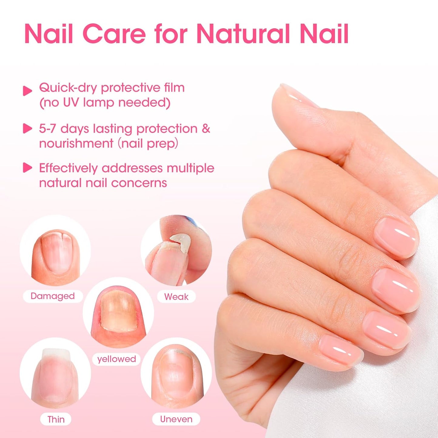 GELLEN 3-In-1 Clear Nail Strengthener, Base Top Coat, No Base Top & Light Needed, Shine Sheer Nail Polish Fortify Weak Dry Damaged Nails | Keratin Vitamin E, Anti-yellow | Toxin TPO HEMA Free, No Pink