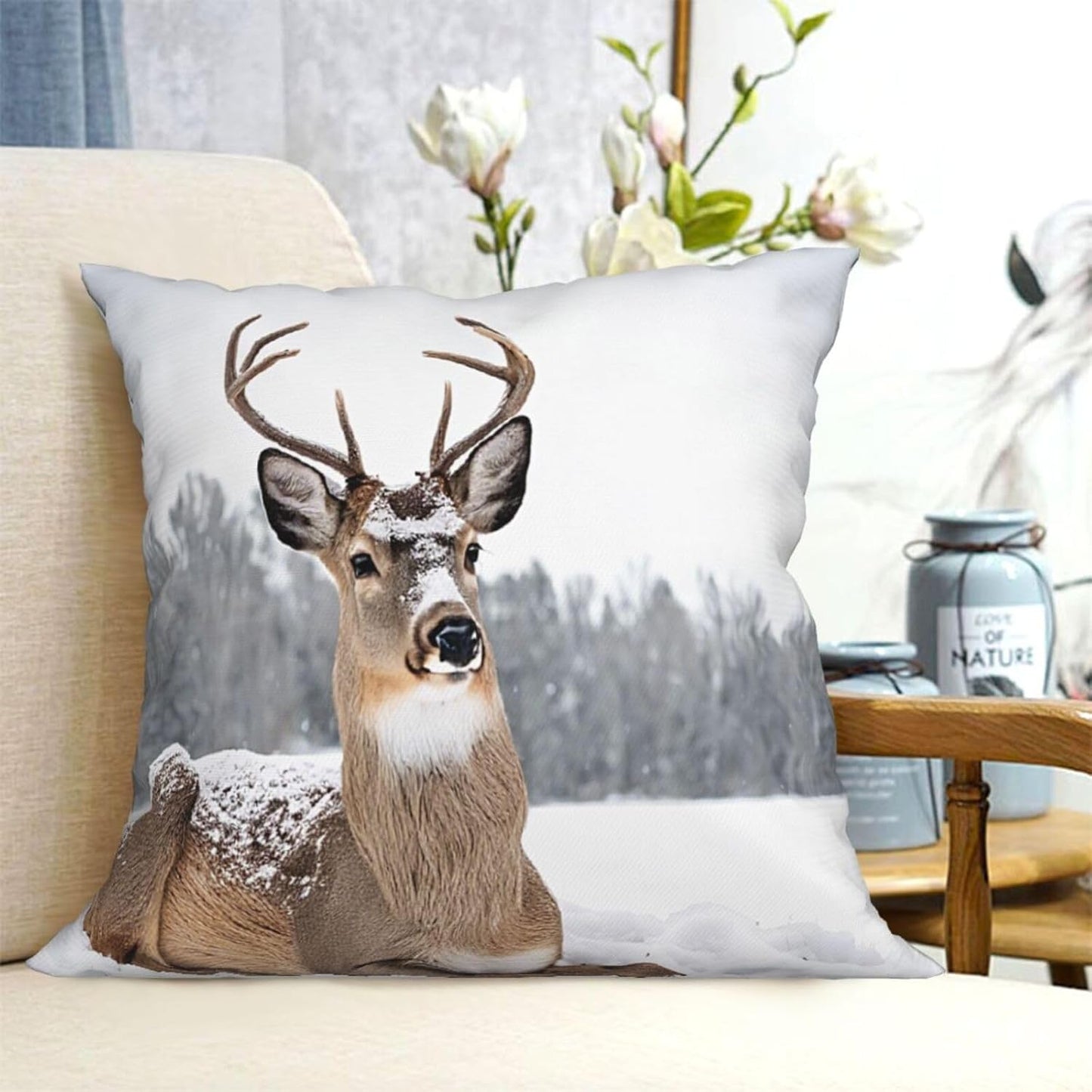 All-Season Square Pillow Covers 18"X18", Wild Deer, Decorative Throw Pillow Covers for Sofa Bed Couch, Hidden Zipper Cushion Cover, Square Lumbar & Accent Pillowcases for Home Decor