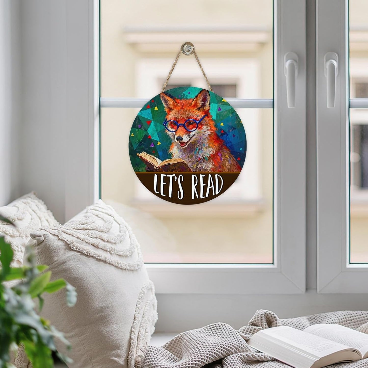 Let's Read Fox Front Door Sign, Inspirational School Classroom Library Reading Corner Wood Plaque Hanger, Farmhouse Wooden Wreath Indoor Wall Hanging Home Decor Book Lover Gift