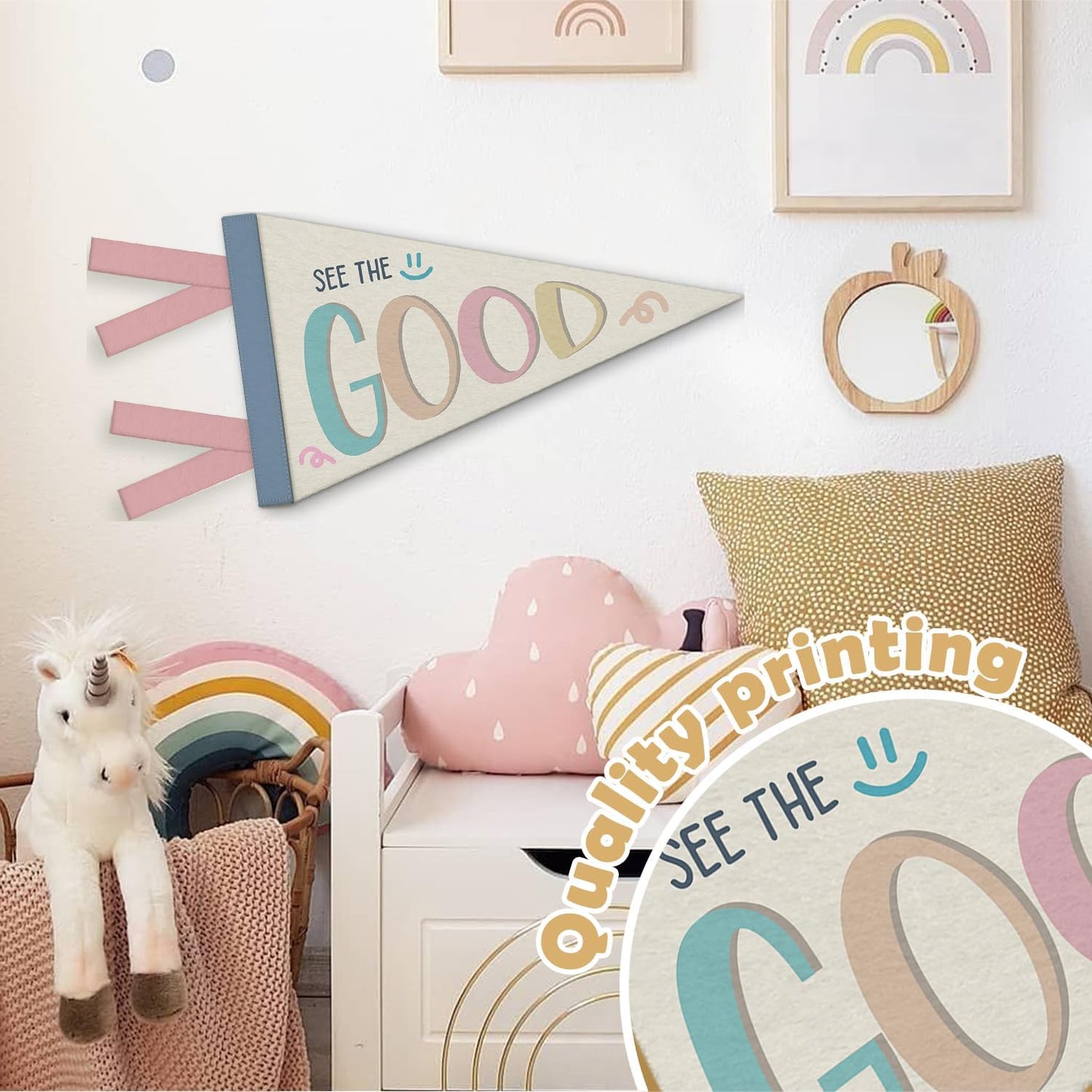 Girl Nursery Decor, Inspirational See the Good Pennant Felt Banners Flags, Boho Inspirational Wall Hanging Decor for Kids Toddler Girls Nursery Room Bedroom Playroom