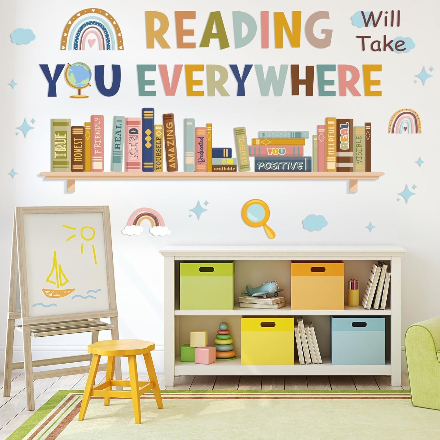 JarThenaAMCS Boho Reading Will Take You Everywhere Wall Stickers Inspirational Quote Wall Decals Motivational Phrase Room Mural Stickers for Back to School Home Classroom Library Study Room Decor
