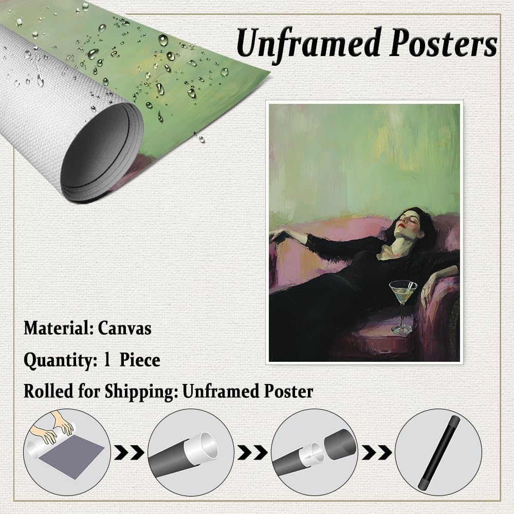 Vintage Feminine Canvas Wall Art Impressionist Woman on Pink Sofa Martini Glass Painting Print Posters for Chic Bedroom Lounge Dressing Room Art Wall Decor Poster 11x14in Unframed