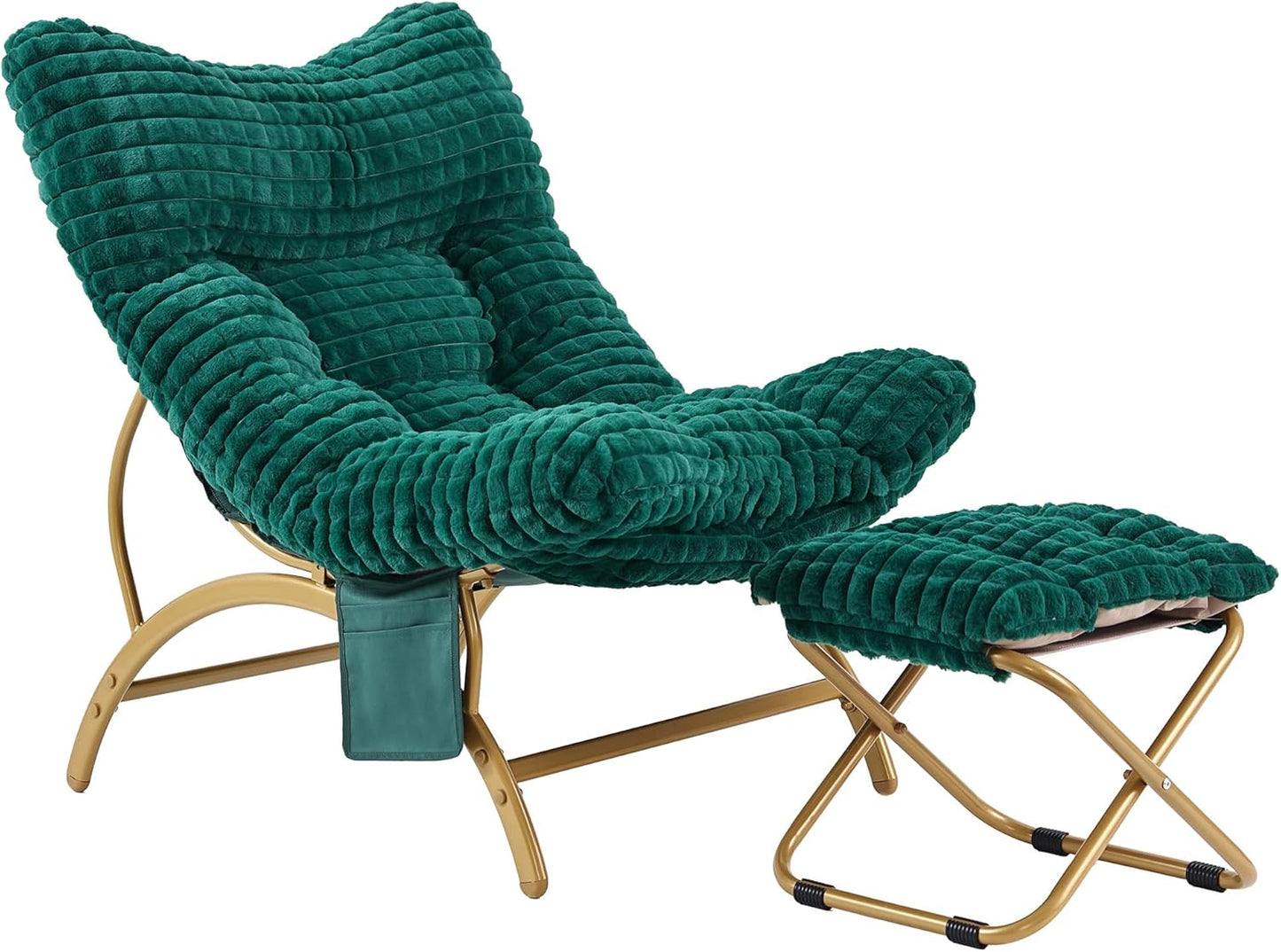 Welnow Dark Green Lazy Chair with Ottoman, Oversized Reading Chair for Adults, Soft Padded Lounge Accent Chair for Living Room, Bedroom, Comfortable Reclining Leisure Chair with Side Pocket