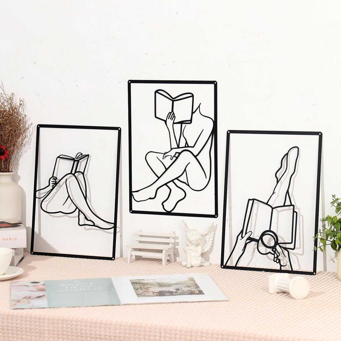 Zzbakress 3 Pcs Female Book Wall Art Black Metal Wall Decor Large Reading Room Decor Minimalist Line Wall Art Black Abstract Wall Art for Reading Room Living Room Bedroom (Elegant)