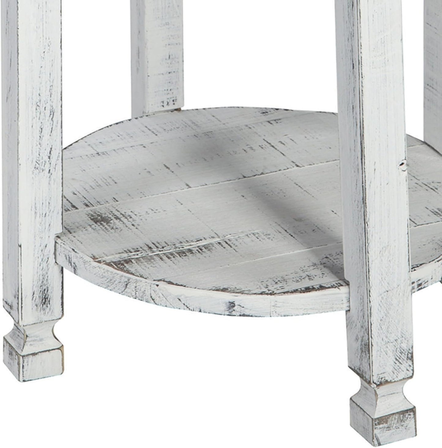 Alaterre Furniture Country Cottage Round End Table – 20” Rustic Farmhouse Side Table with Lower Shelf, Carved Edges & Square Turned Legs – Accent Table for Living Room or Bedroom (Antique White)
